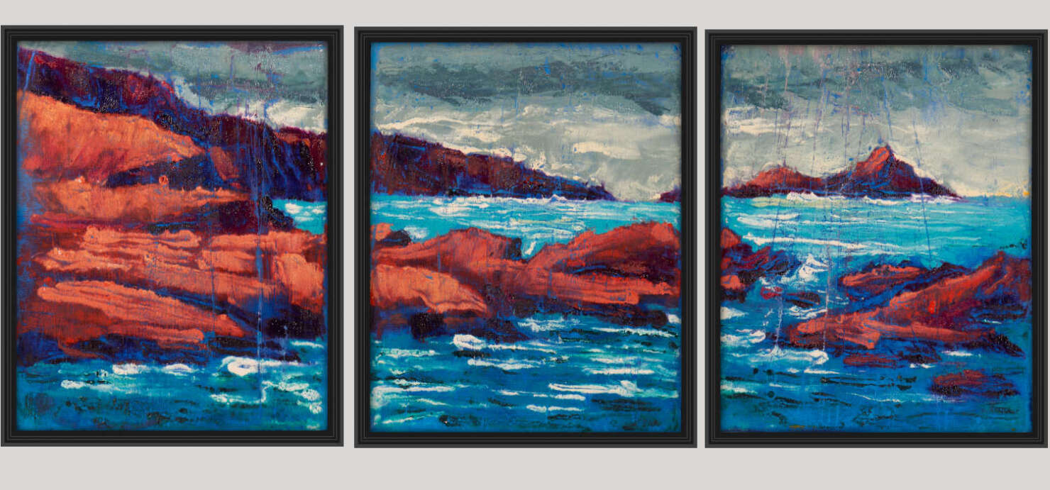 artist rod coyne's triptych seascape "puffin sound" is shown here in three black frames.