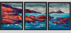 artist rod coyne's triptych seascape "puffin sound" is shown here in three black frames.