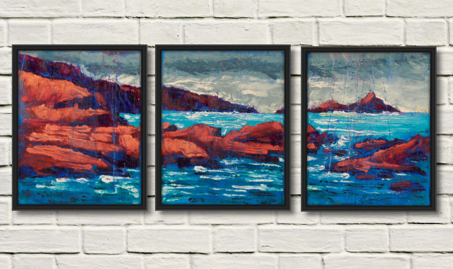 artist rod coyne's triptych painting "Puffin sound" is shown here, as a canvas print in three seperate framed panels.