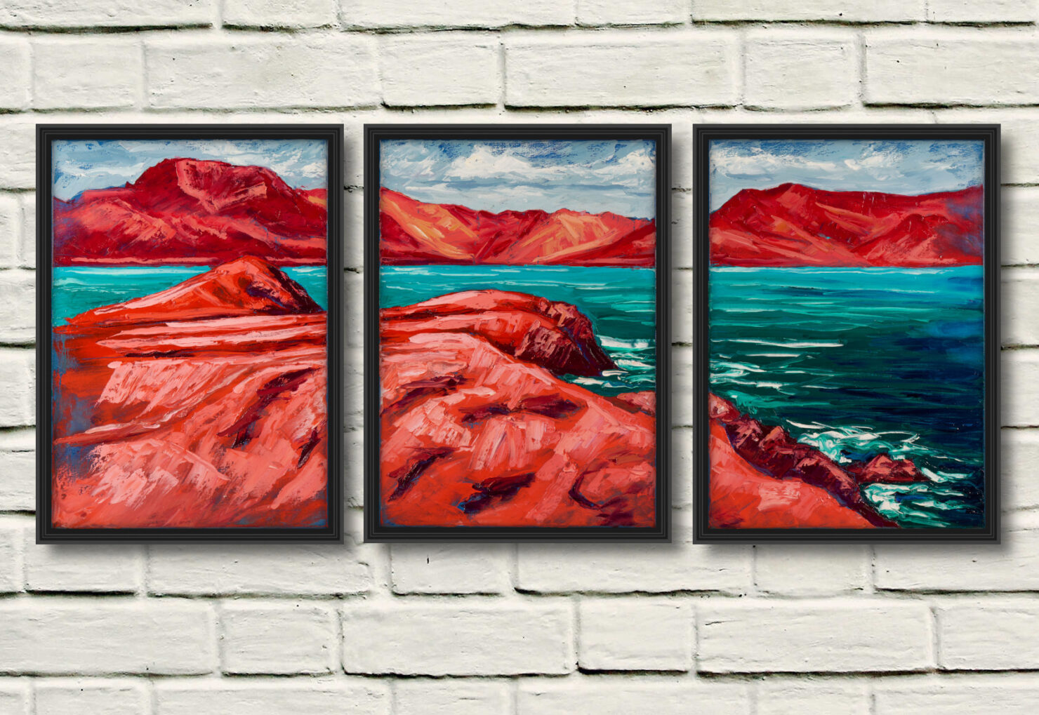 artist rod coyne's painting "Across Ballinskelligs Bay" is shown here as triptych canvas print, in three individual black frames on a white wall