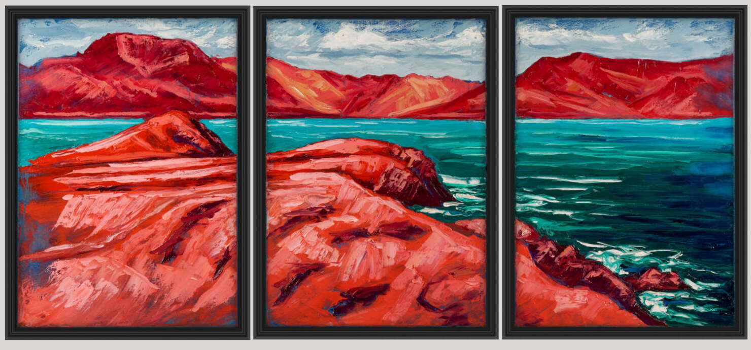 artist rod coyne's painting "Across Ballinskelligs Bay" is shown here as triptych canvas print, in three individual black frames