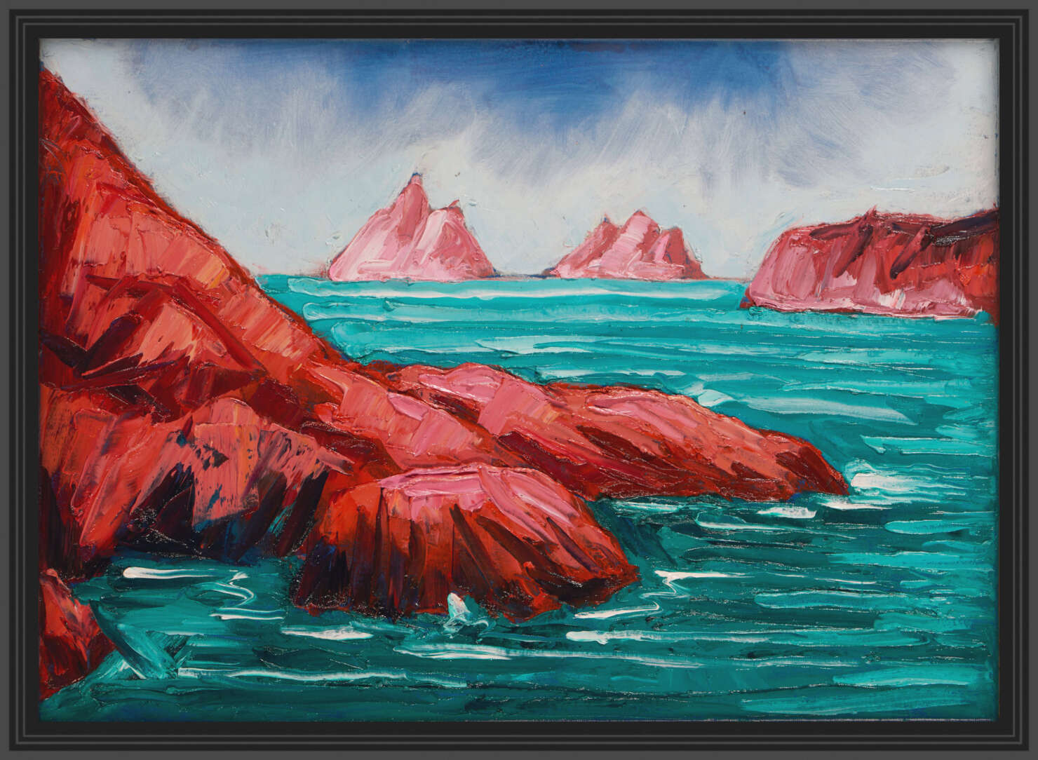 artist rod coyne's painting "Hogs Head, Bolus & Skelligs" is shown here in a black frame.