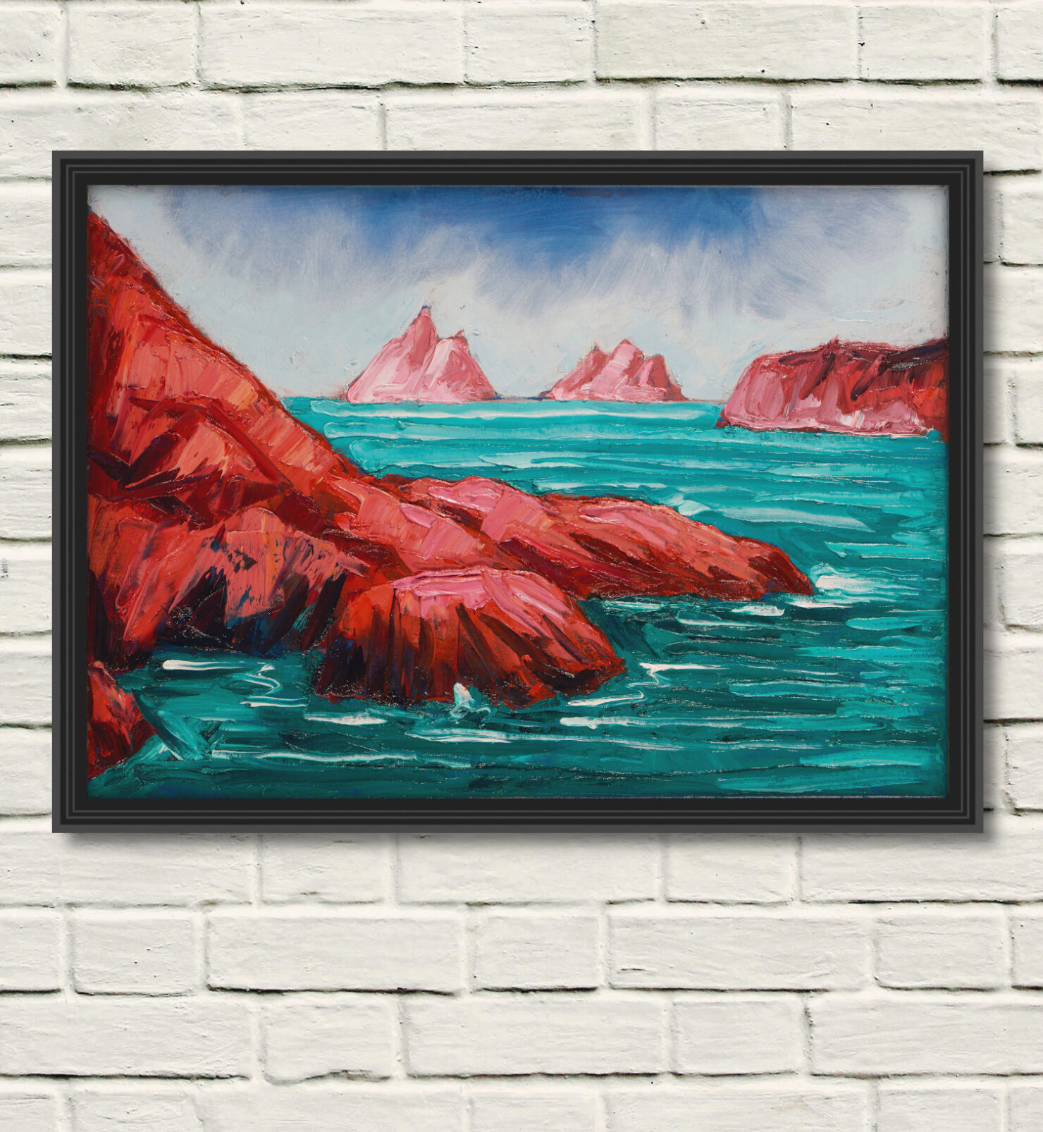 artist rod coyne's painting "Hogs Head, Bolus & Skelligs" is shown here in a black frame on a white wall