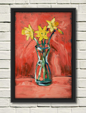 artist rod coyne's still life painting "daffodils" is shown here, in a black frame on a white wall.