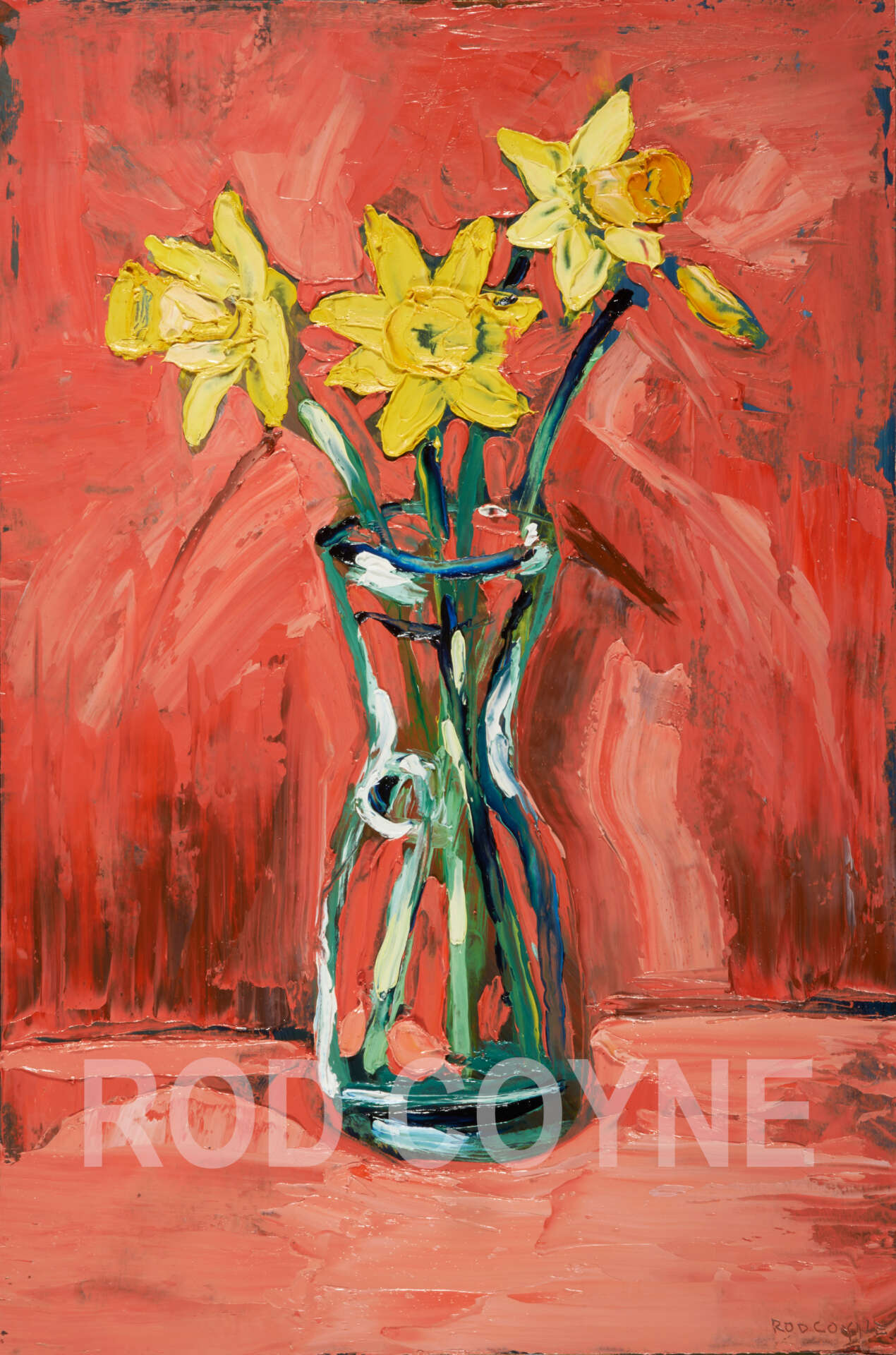 artist rod coyne's still life painting "daffodils" is shown here, high definition and watermarked.