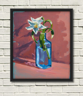 artist rod coyne's still life painting "gin lilies" is shown here, as a canvas print in a black frame on a white wall.