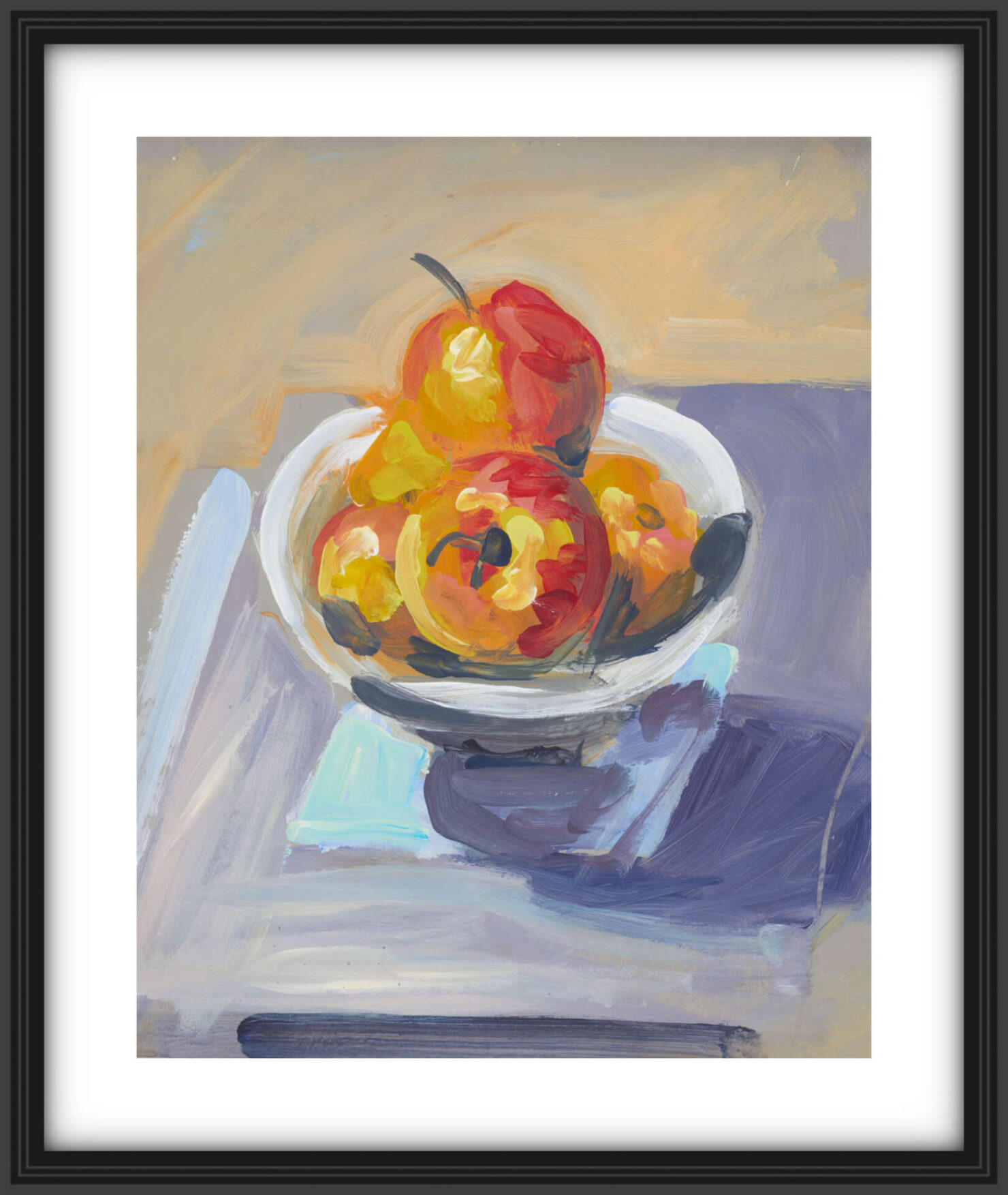 artist rod coyne's still life painting "apple bowl" is shown here, in a black frame on a white mount.