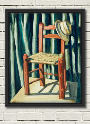 artist rod coyne's still life canvas print "bockady chair" is shown here in a black frame on a white wall.