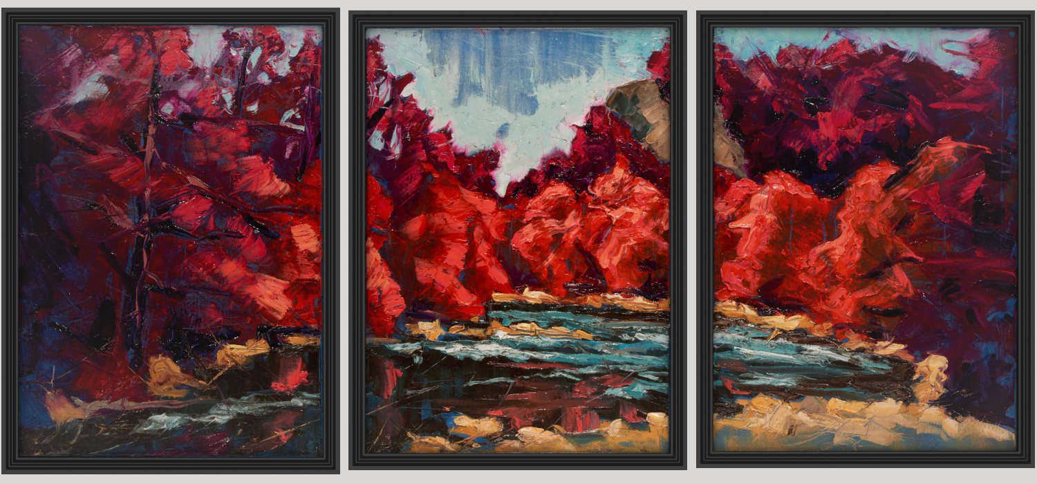 artist rod coyne's triptych landscape "avoca Downriver" is shown here in three black frames.
