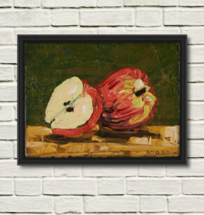 artist rod coyne's still life painting "apple still life" is shown here, in a black frame on a white wall.