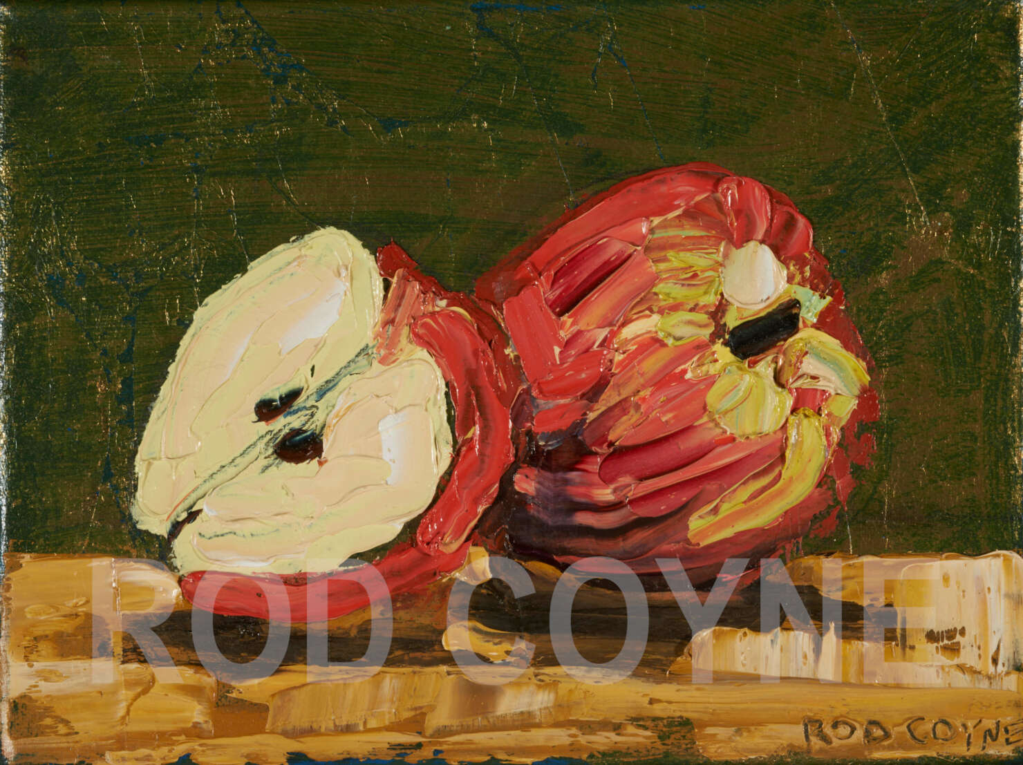 artist rod coyne's still life painting "apple still life" is shown here, watermarked.