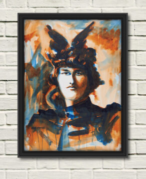 artist rod coyne's portrait "Maud Gonne 1916" is shown here, in ablack frame on a white wall.