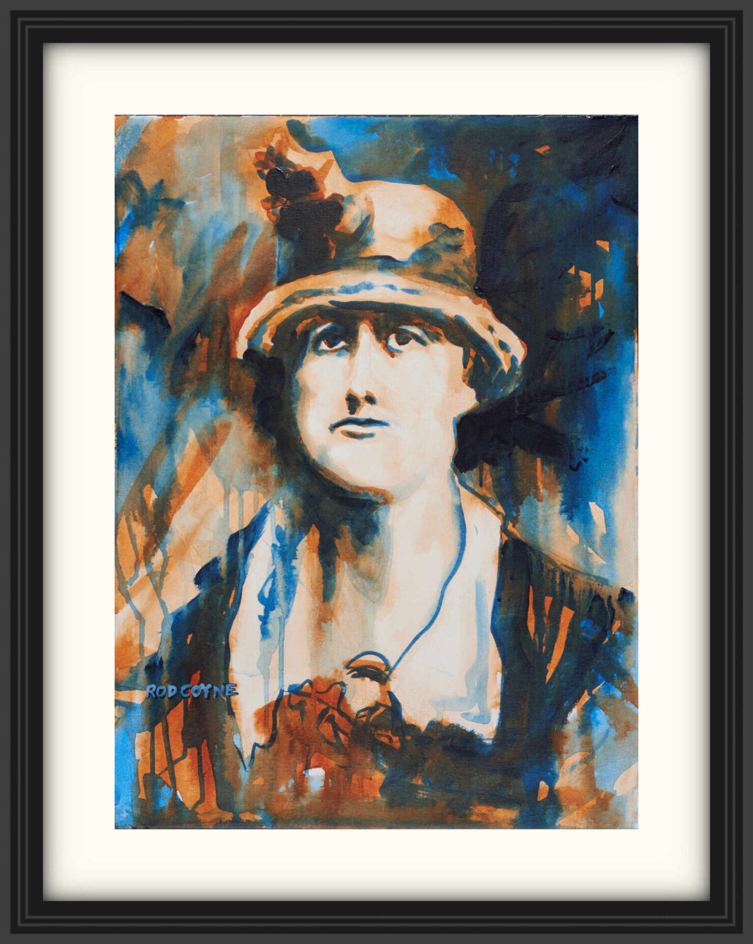 artist rod coyne's portrait "Jeanie Wyse-Power 1916" is shown here, on a white mount in a black frame.