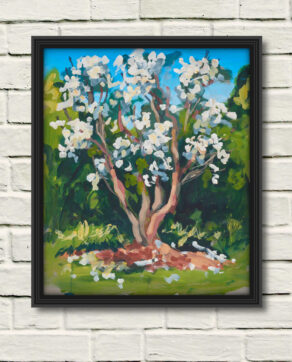 artist rod coyne's landscape painting "white rhodies" is shown here, in a black frame on a white brick wall.