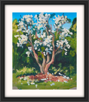 artist rod coyne's landscape painting "white rhodies" is shown here, with a white mount and a black frame.