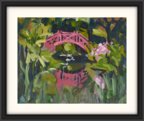 artist rod coyne's landscape painting "knockanree japanese bridge" is shown here, on a white mount in a black frame.