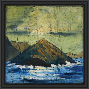 artist rod coyne's seascape "sulphur rising" is shown here, in a black frame.