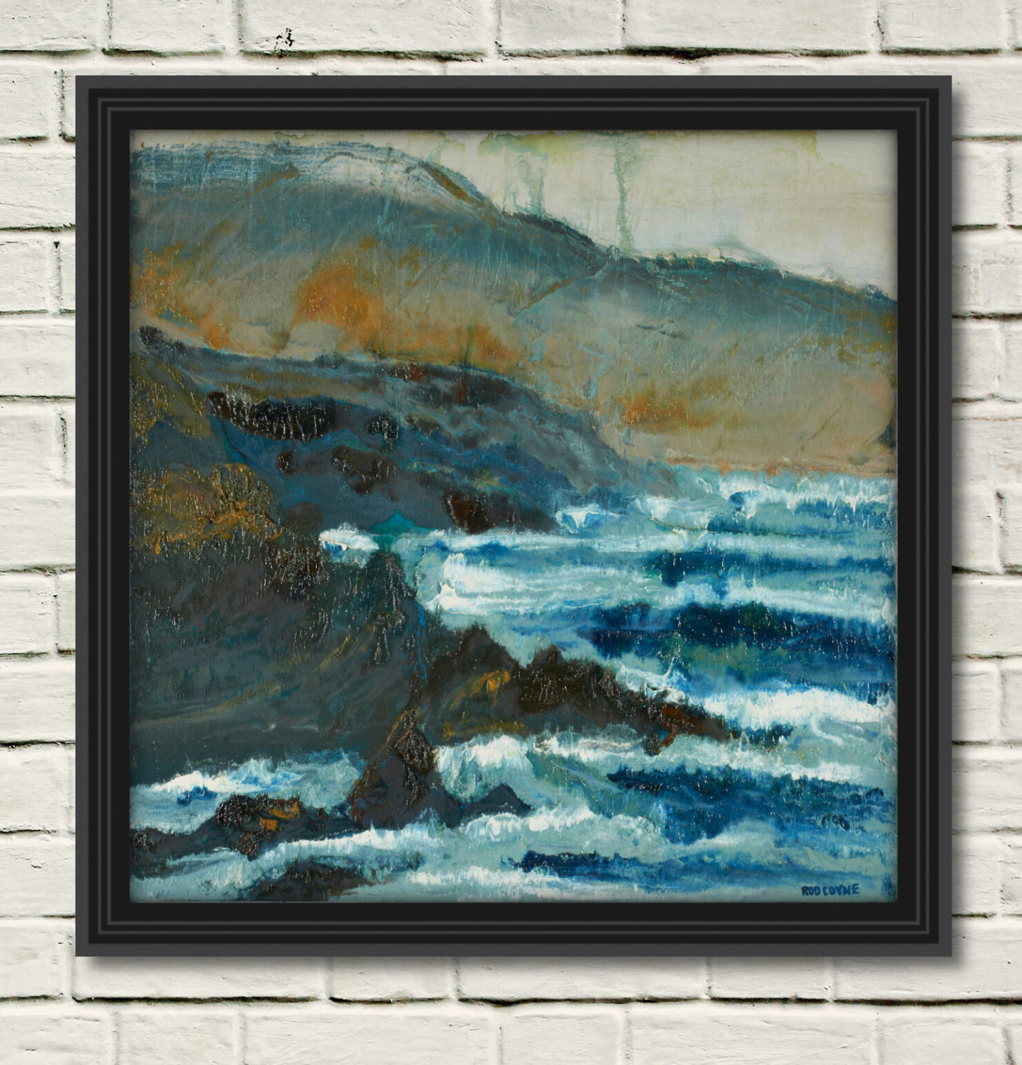 artist rod coyne's seacape "fog clearing, finan's bay" is shown here, in a black frame on a white wall.