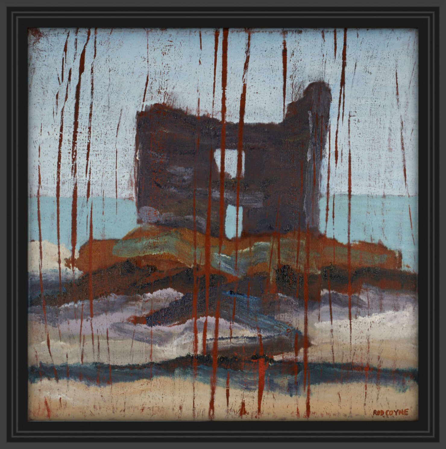 artist rod coyne's seascape "mccarty's castle" is shown here, in a black frame.