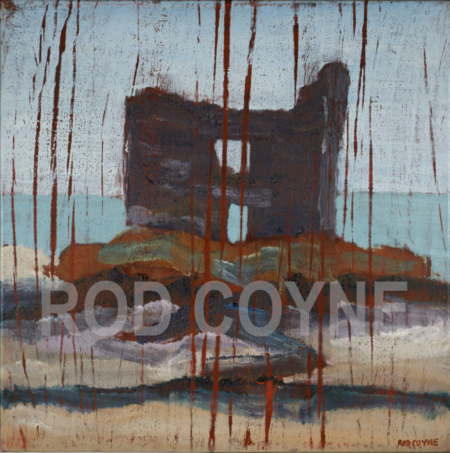 artist rod coyne's seascape "mccarty's castle" is shown here, watermarked.