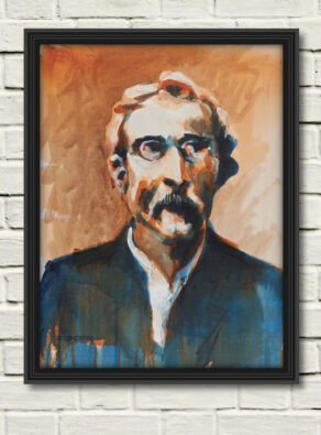 artist rod coyne's portrait "Thomas Clarke 1916" is shown here, in a black frame on a white wall.