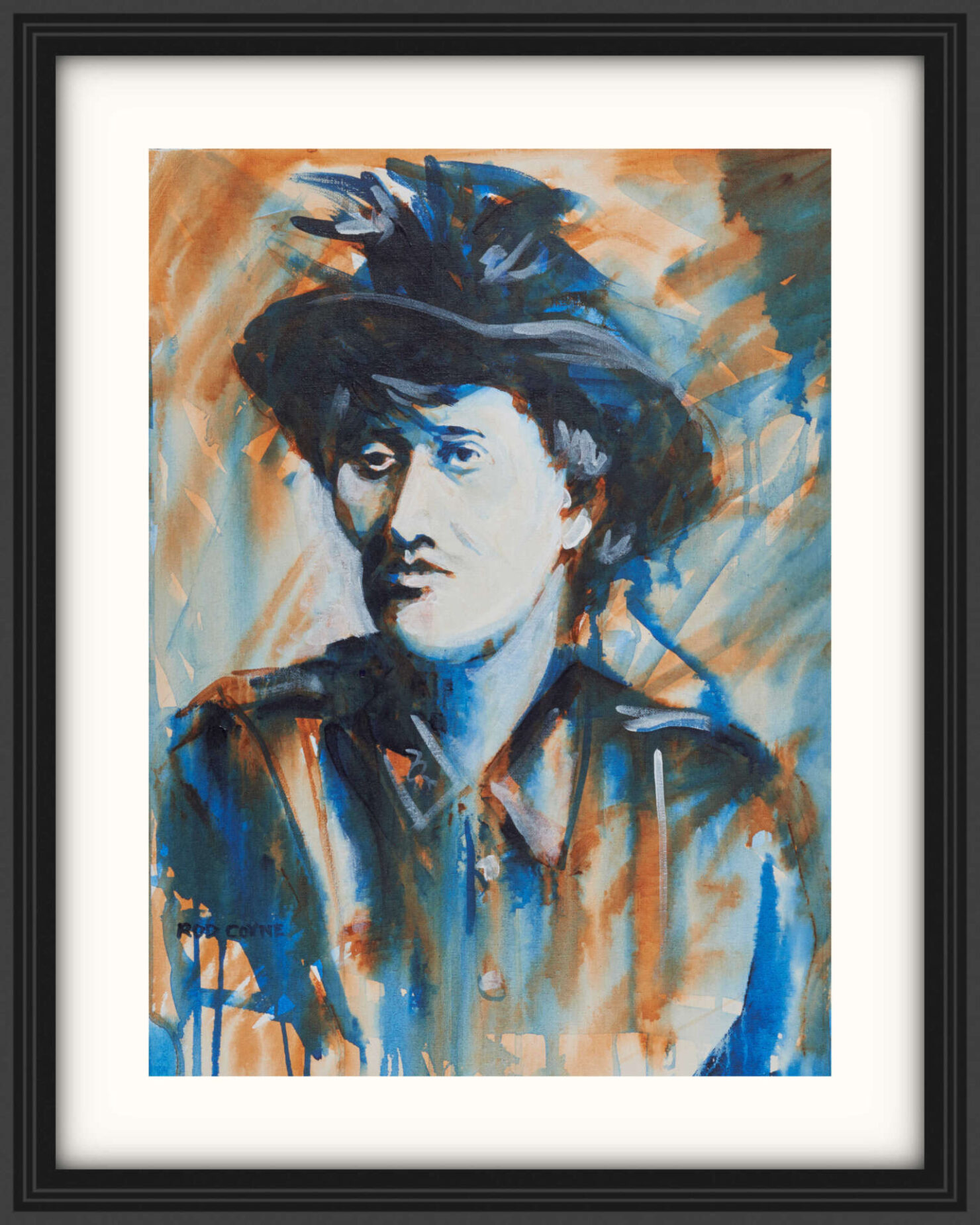 artist rod coyne's portrait "Countess Markievicz 1916" is shown here, on a white mount in a black frame.