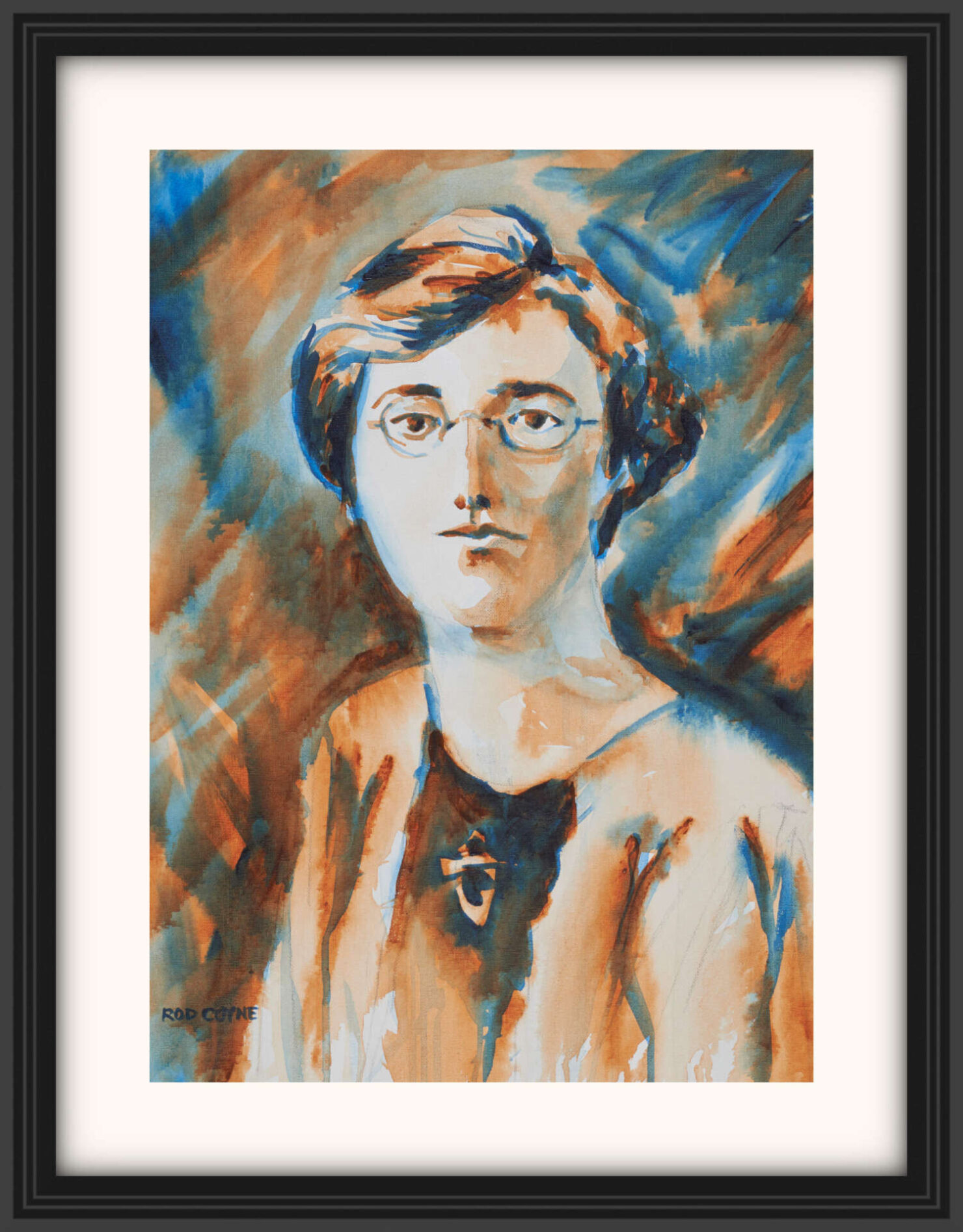 artist rod coyne's portrait "Kathleen Clarke 1916" is shown here, on a white mount in a black frame.