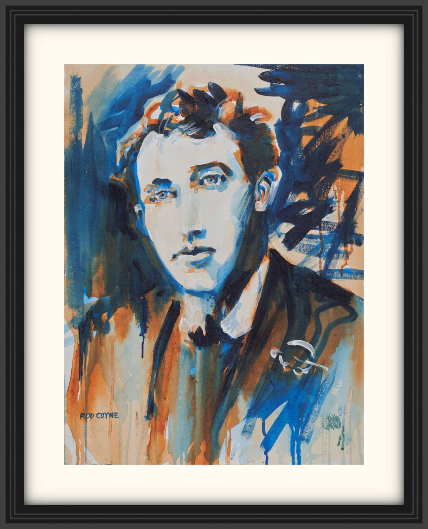 artist rod coyne's portrait "Thomas McDonagh 1916" is shown here, on a white mount in a black frame.