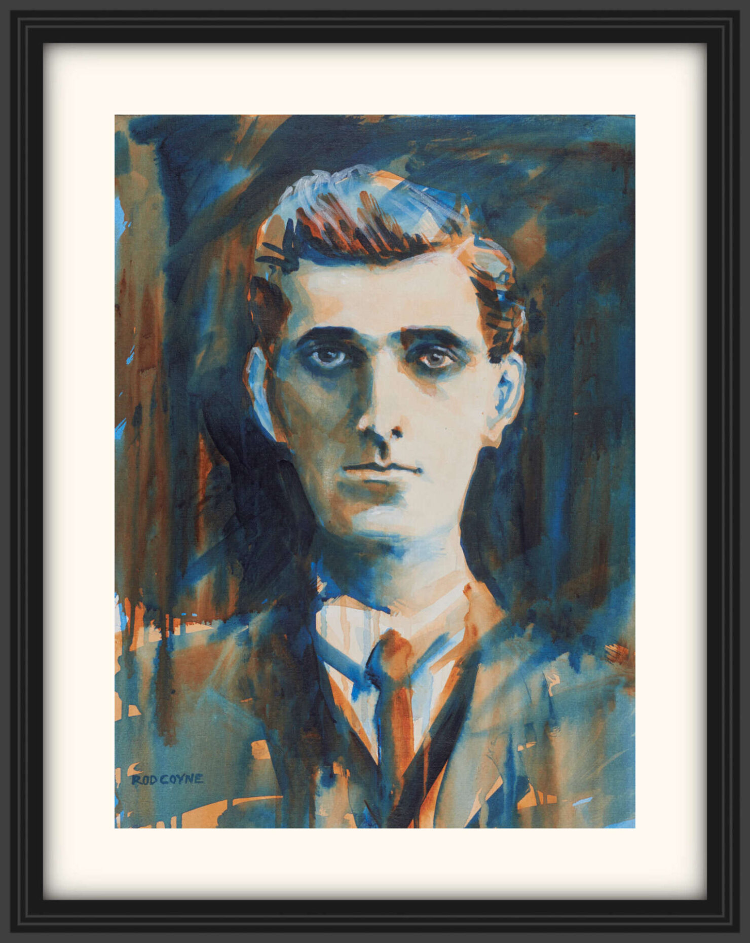 artist rod coyne's portrait "Seán Mac Diarmada 1916" is shown here, on a white mount in a black frame.