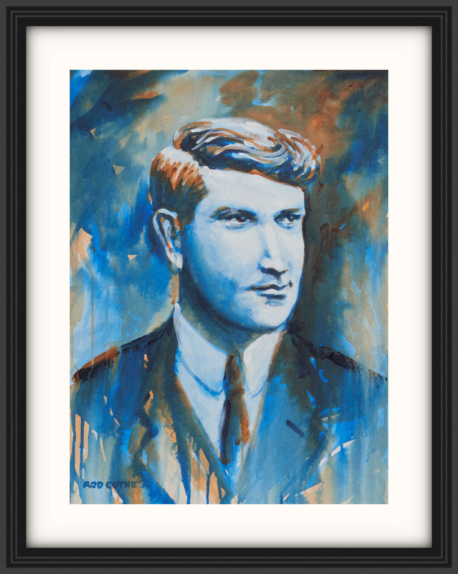 artist rod coyne's portrait "Michael Collins 1916" is shown here, on a white mount in a black frame.