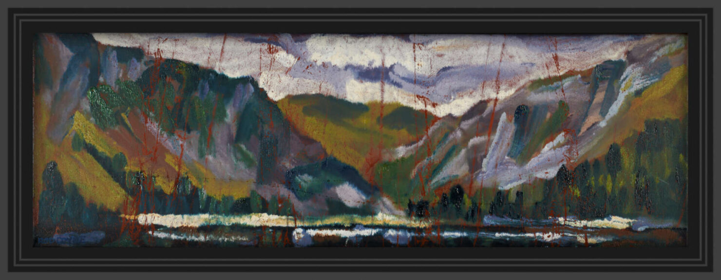 artist rod coyne's seascape "st. kevin's bed" is shown here in a black frame.