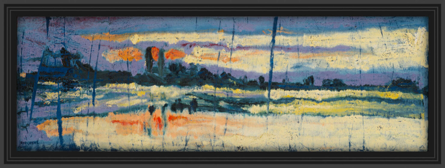 artist rod coyne's seascape print "dublin dusk" is shown here in a black frame.