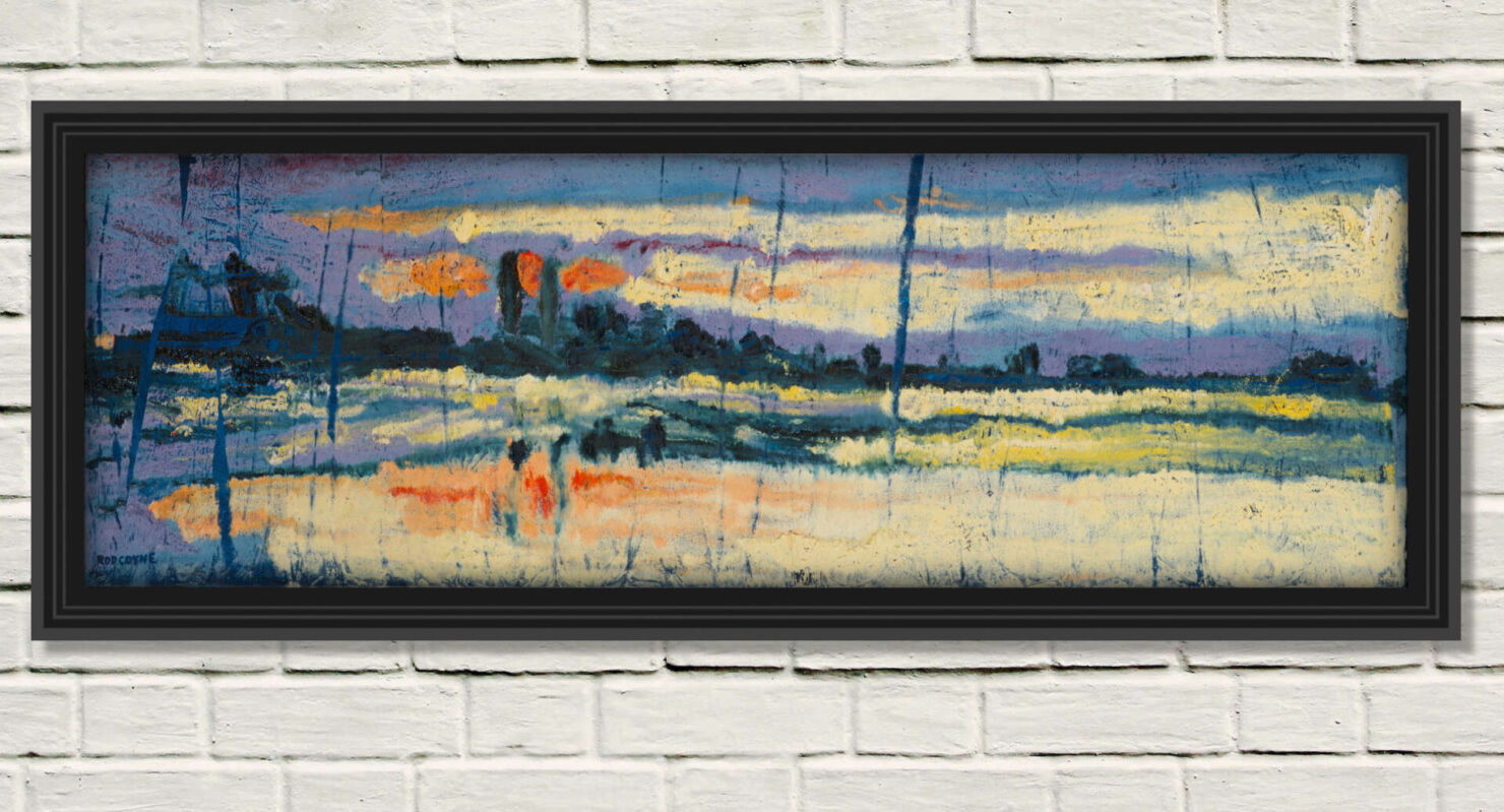 artist rod coyne's seascape "dublin dusk" is shown here in a black frame on a white wall.