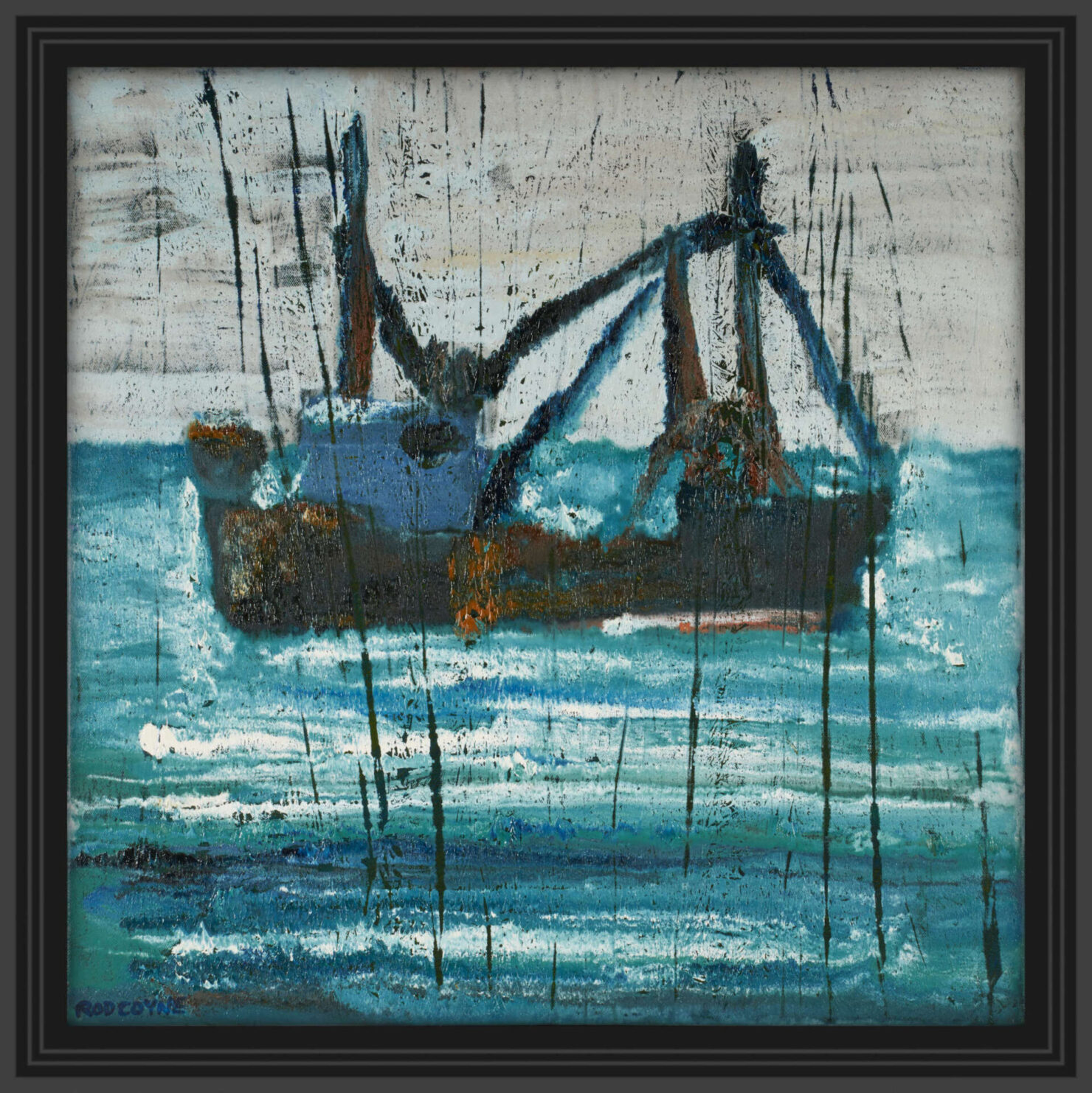 artist rod coyne's seascape "ballinskelligs trawler" is shown here in a black frame.