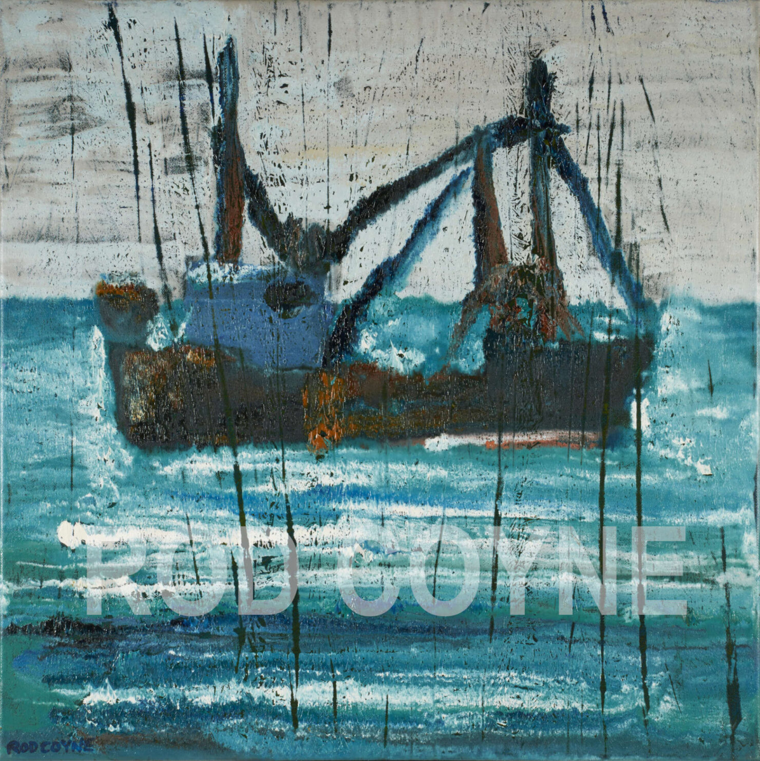 artist rod coyne's seascape "ballinskelligs trawler" is shown here, watermarked.