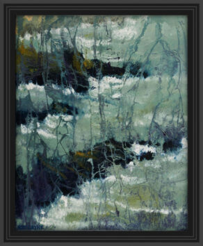 artist rod coyne's seascape "kilmichael rocks" is shown here in a black frame.