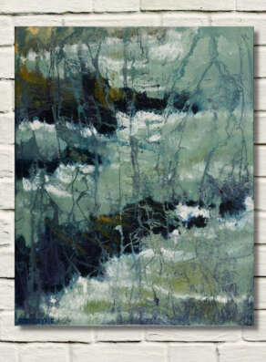 artist rod coyne's seascape "slaney estuary" is shown here on a white wall.