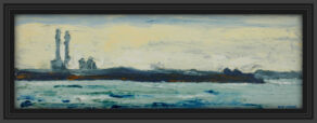 artist rod coyne's seascape print "across scottsmans bay" is shown here in a black frame.