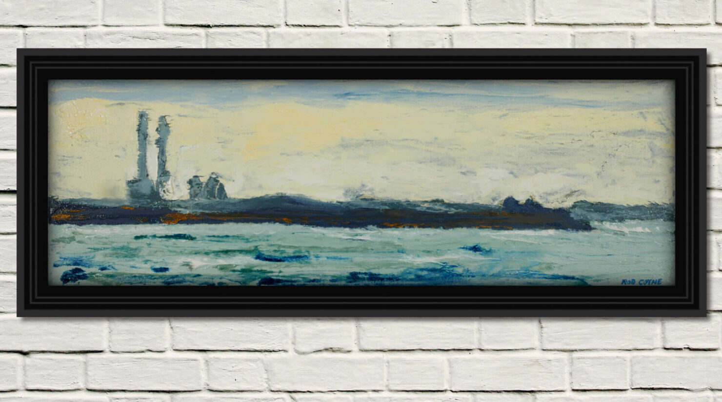 artist rod coyne's seascape "across scottsmans bay" is shown here in a black frame on a white wall.