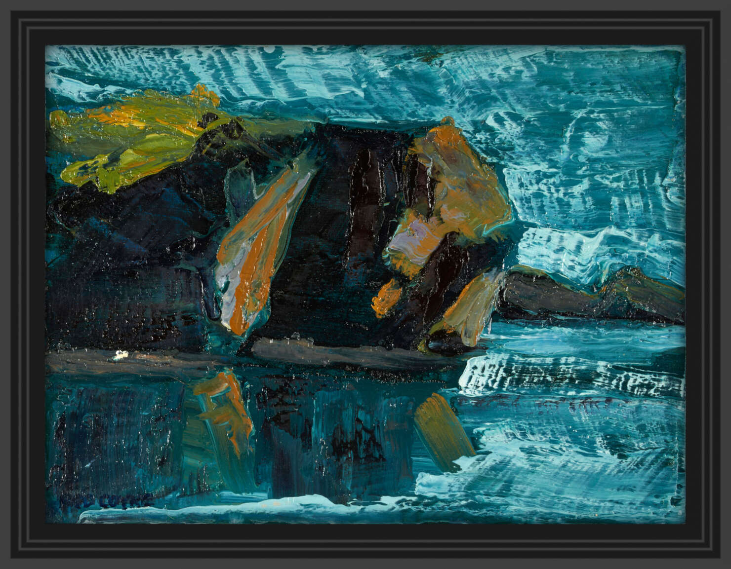 artist rod coyne's seascape painting "departing headland" is shown here in a black frame.