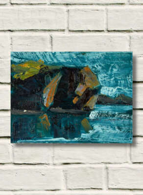 artist rod coyne's seascape painting "departing headland" is shown here on a white brick wall.