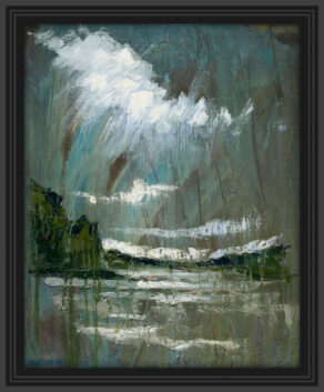 artist rod coyne's landscape painting "Slaney Estuary" is shown here, in a black frame.