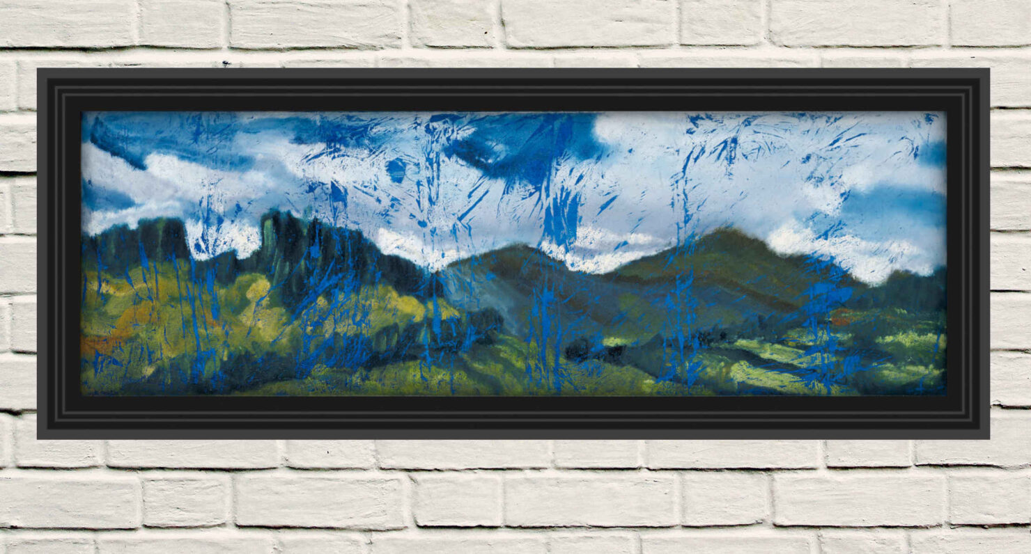 artist rod coyne's landscape "Wicklow Hills" is shown here in a black frame on a white wall.