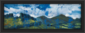 artist rod coyne's landscape print "Wicklow Hills" is shown here in a black frame.