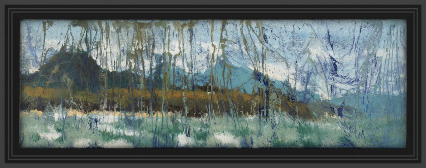 artist rod coyne's seascape "st. patrick's landing" is shown here in a black frame.