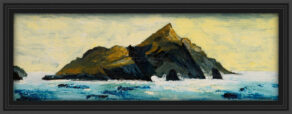 artist rod coyne's seascape print "Puffin Tailwind" is shown here in a black frame.