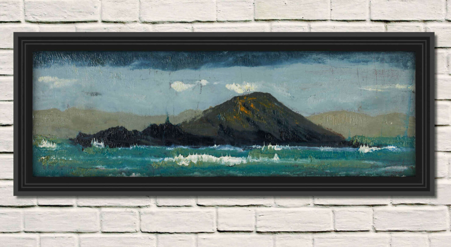 artist rod coyne's seascape "deenish island" is shown here in a black frame on a white wall.