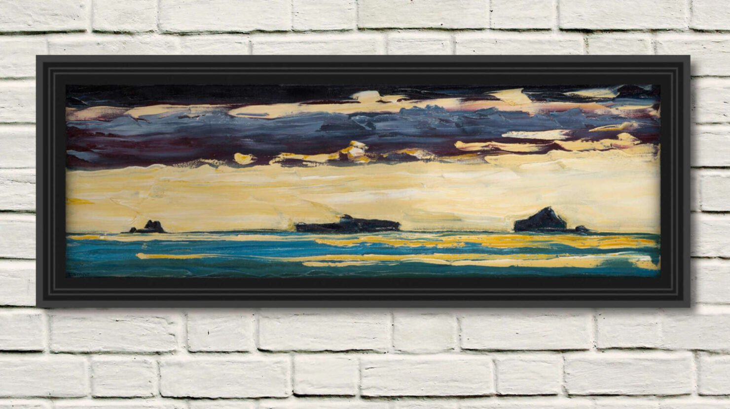 artist rod coyne's landscape "Atlantic Islands" is shown here in a black frame on a white wall.