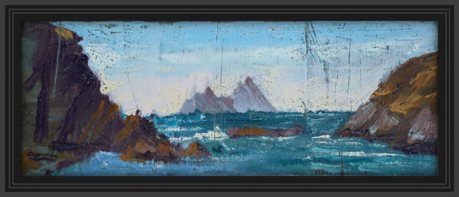 artist rod coyne's landscape "Skellig Summer Mist" is shown here in a black frame.