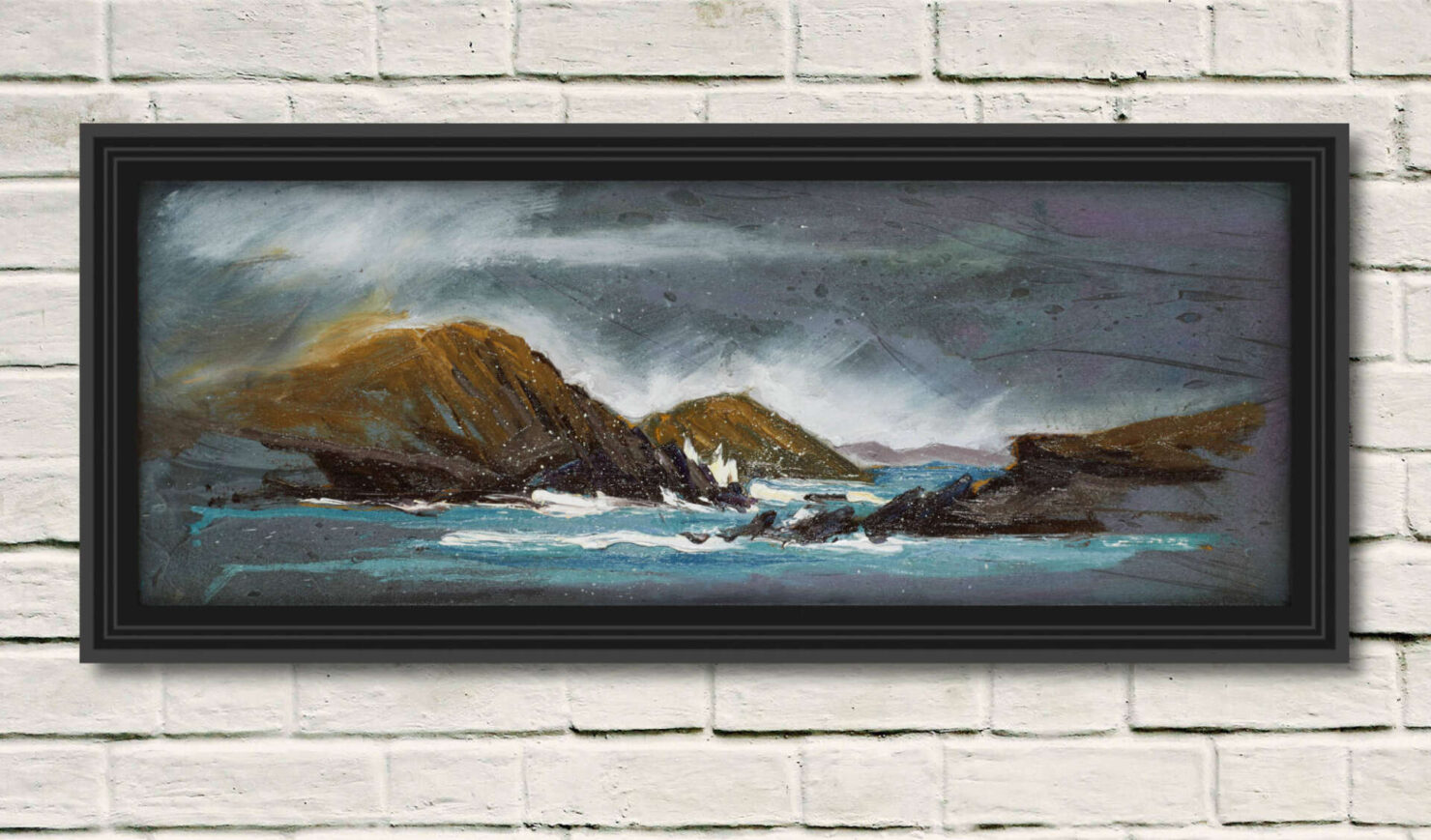 artist rod coyne's seascape "Lady's Ruff Weather" is shown here in a black frame on a white wall.